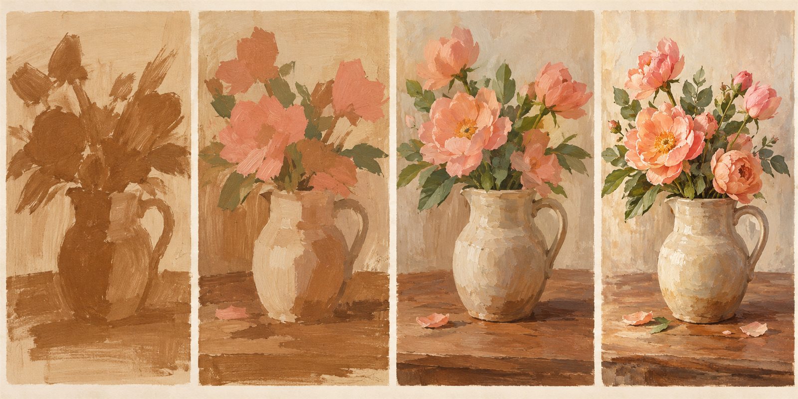 Quatro etapas de uma pintura acrílica de flores em um vaso, das massas iniciais aos detalhes.
