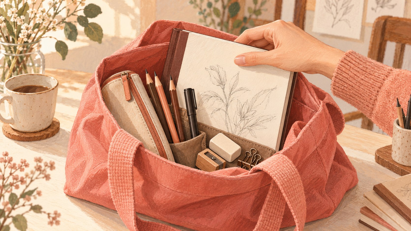 Bolsa coral com caderno de desenho, lápis, caneta, borracha e apontador organizados.