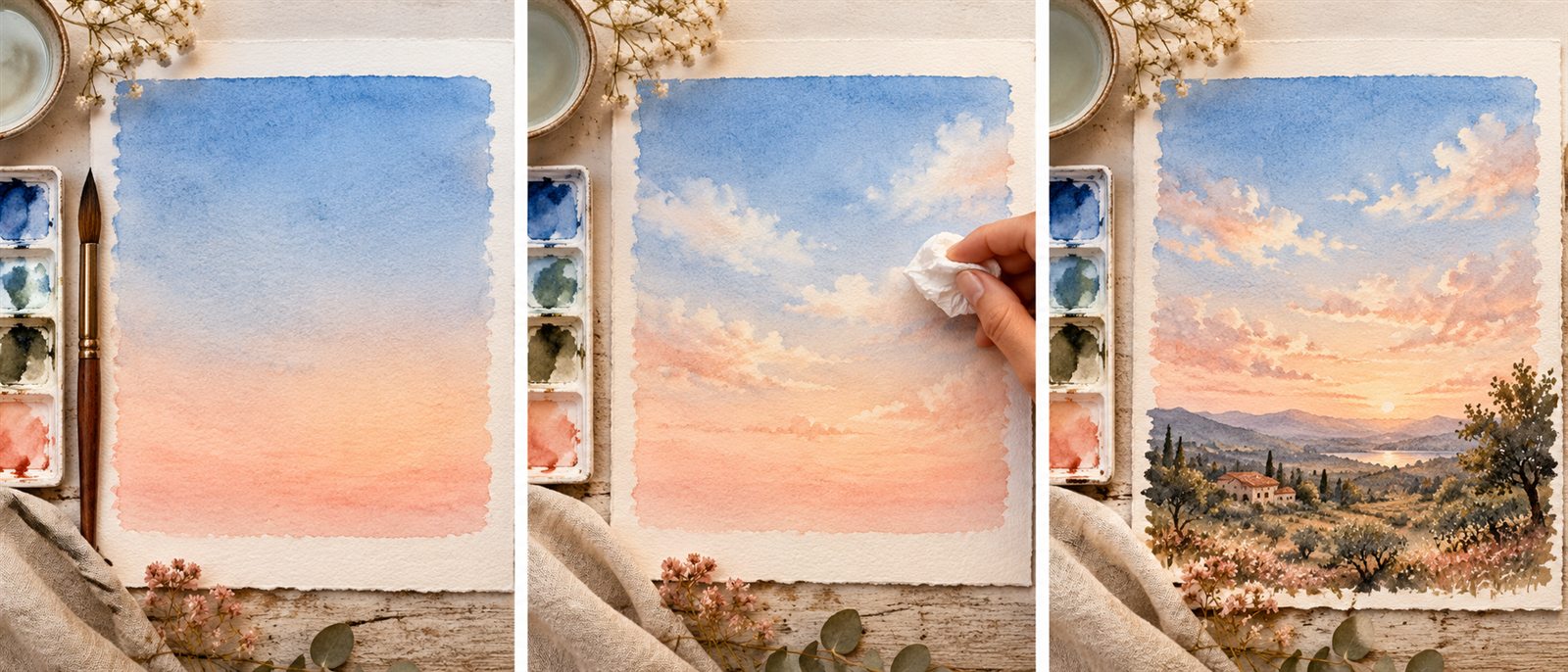 Três etapas de uma aquarela de céu: degradê, nuvens retiradas com papel e paisagem final.