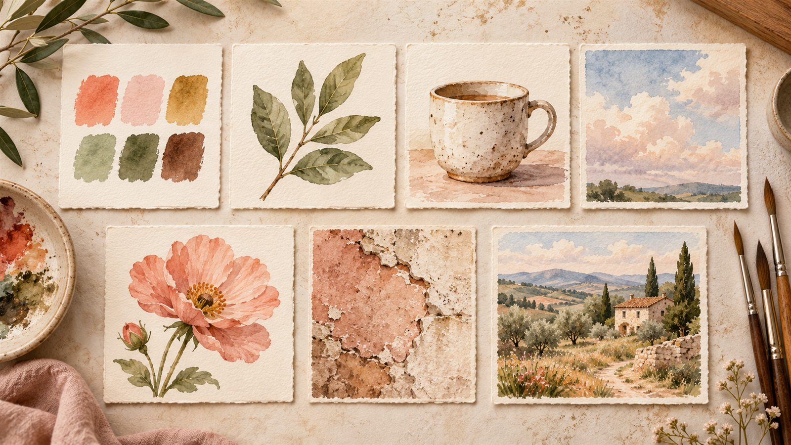 Sete pequenas pinturas organizadas em sequência com estudos de cor, folha, xícara, céu, flor, textura e paisagem.