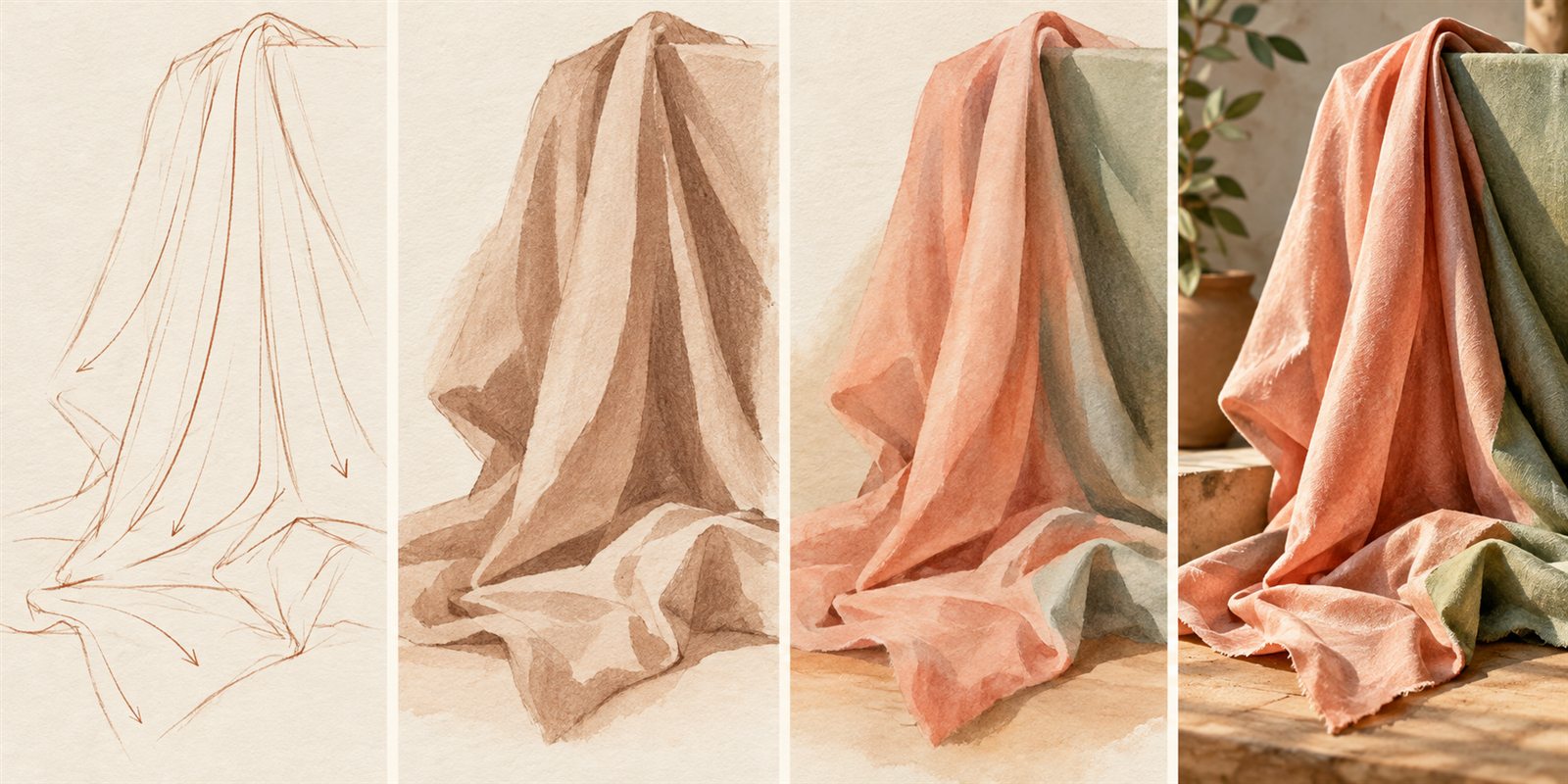 Quatro etapas mostram linhas de direção, sombras, cores e acabamento de um tecido dobrado.