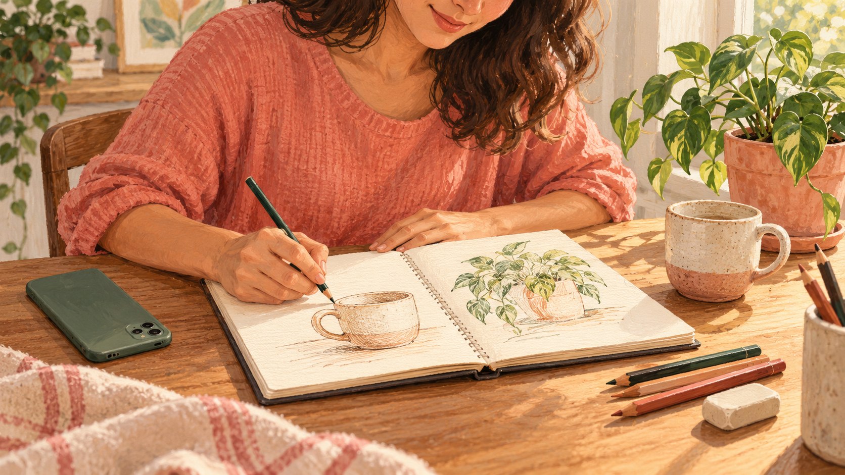 Pessoa desenhando uma xícara e uma planta em um caderno enquanto o celular permanece virado para baixo.