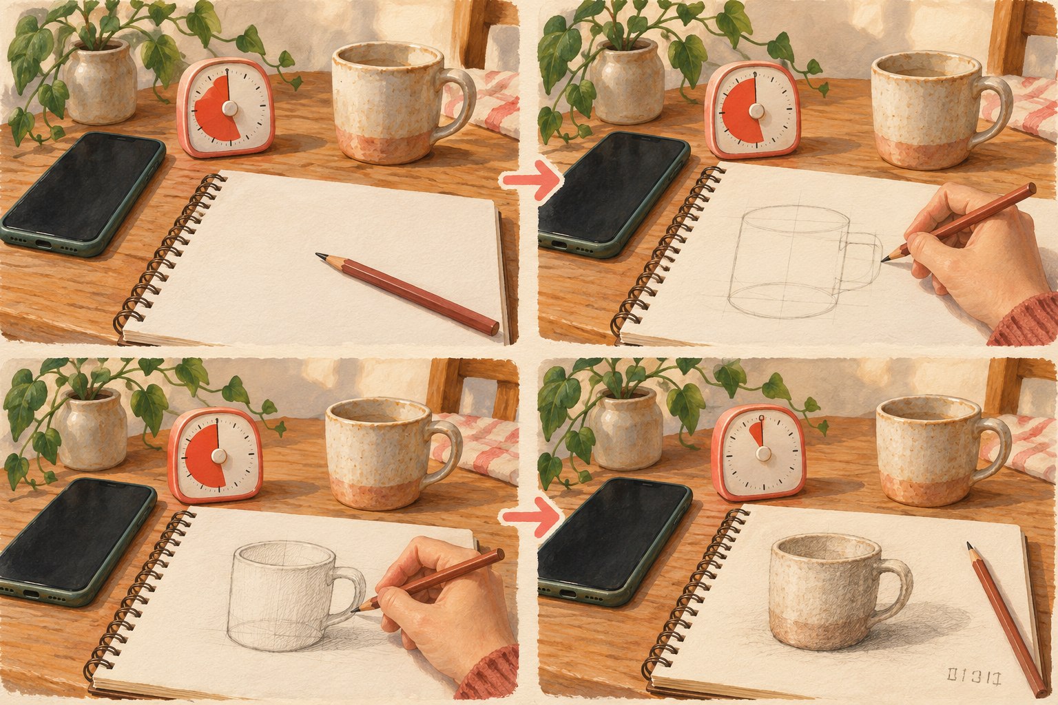Sequência mostrando o celular desligado, o esboço inicial de uma caneca e o desenho finalizado com sombras.