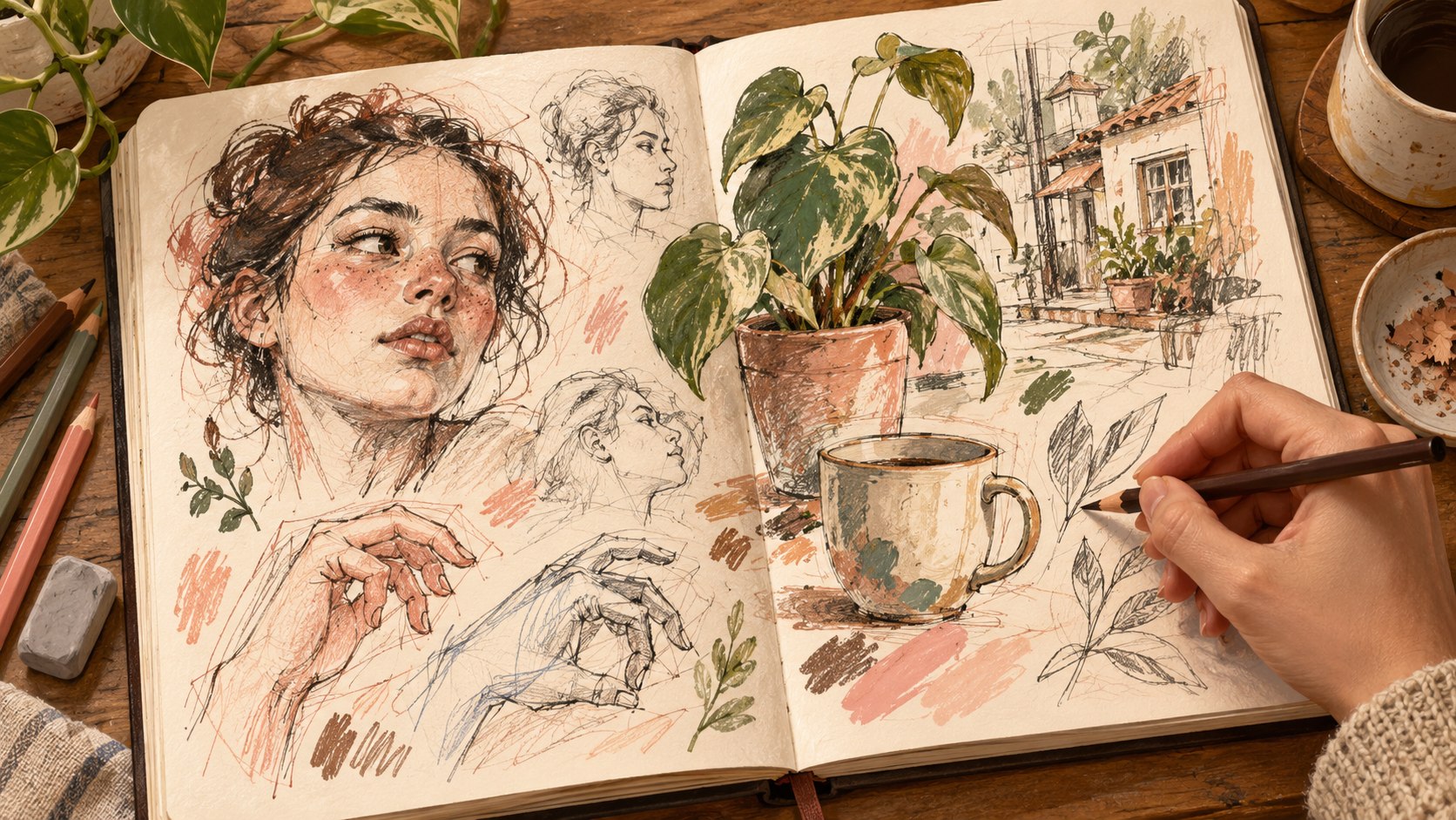 Caderno com retratos, mãos, plantas, xícara e arquitetura desenhados com linhas soltas e marcas visíveis.