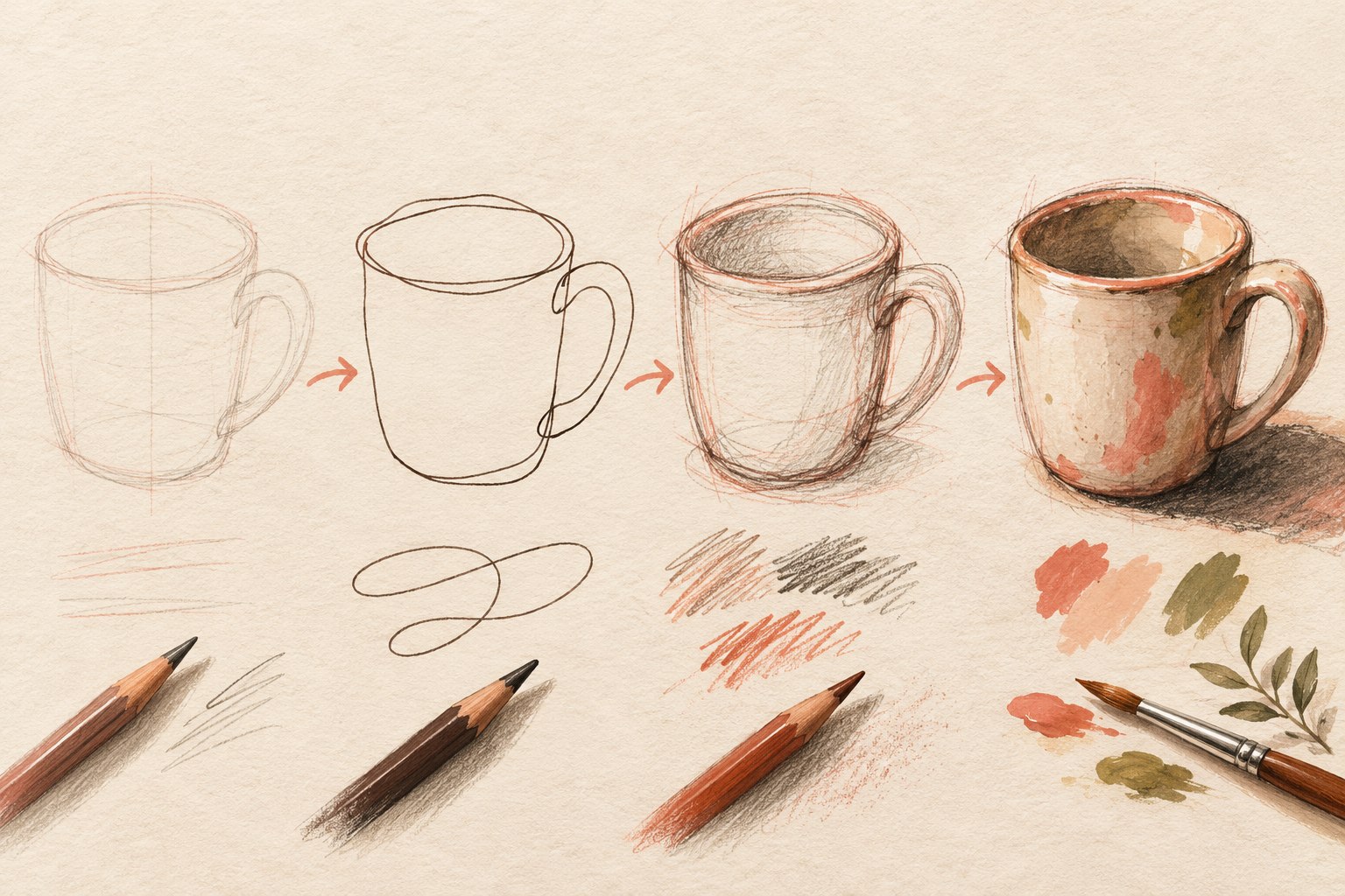 Quatro versões da mesma xícara mostram a evolução da linha tímida para um desenho solto, sombreado e colorido.