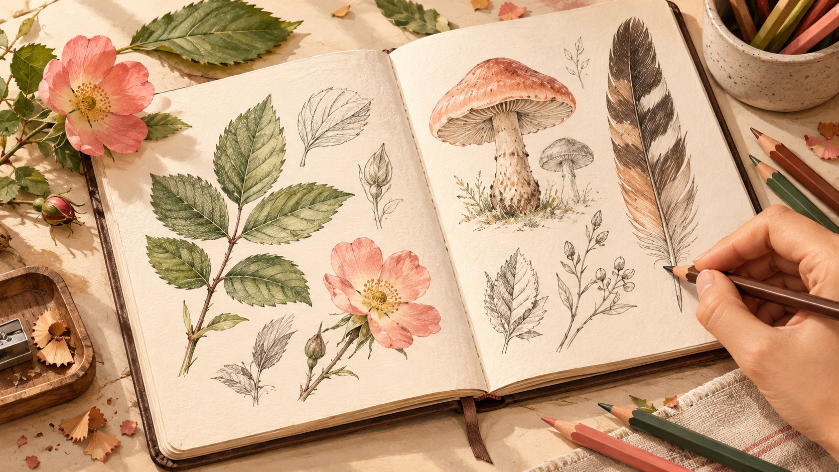 Caderno aberto com desenhos de folhas, flores, cogumelos e uma pena feitos a lápis e lápis de cor.