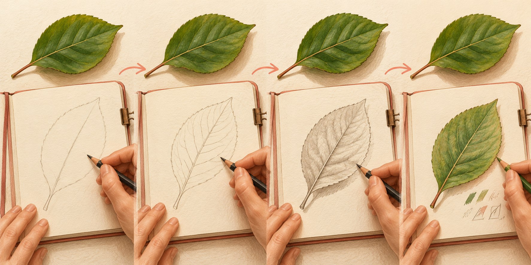 Quatro etapas do desenho de uma folha, começando pelo eixo e terminando com nervuras, sombras e cor.