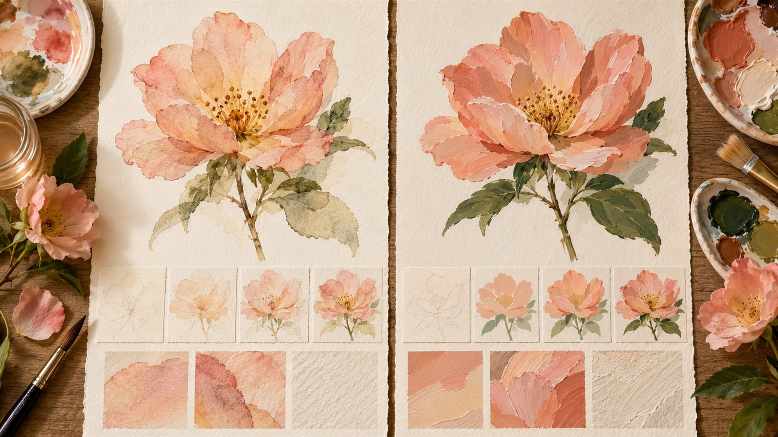 A mesma flor pintada lado a lado em aquarela transparente e guache opaco.