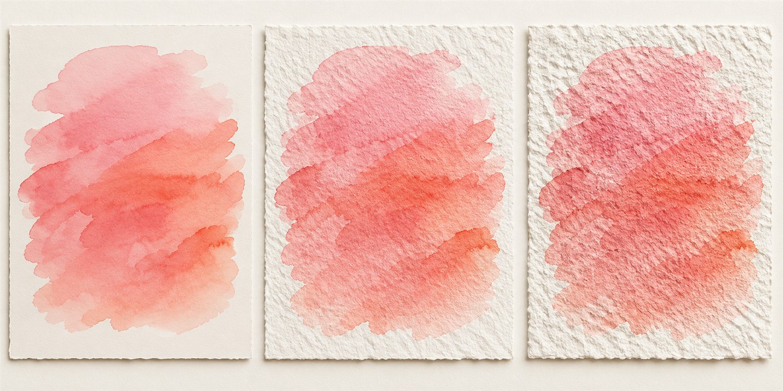 Três amostras de papel para aquarela com texturas lisa, média e rugosa recebendo a mesma pincelada coral.