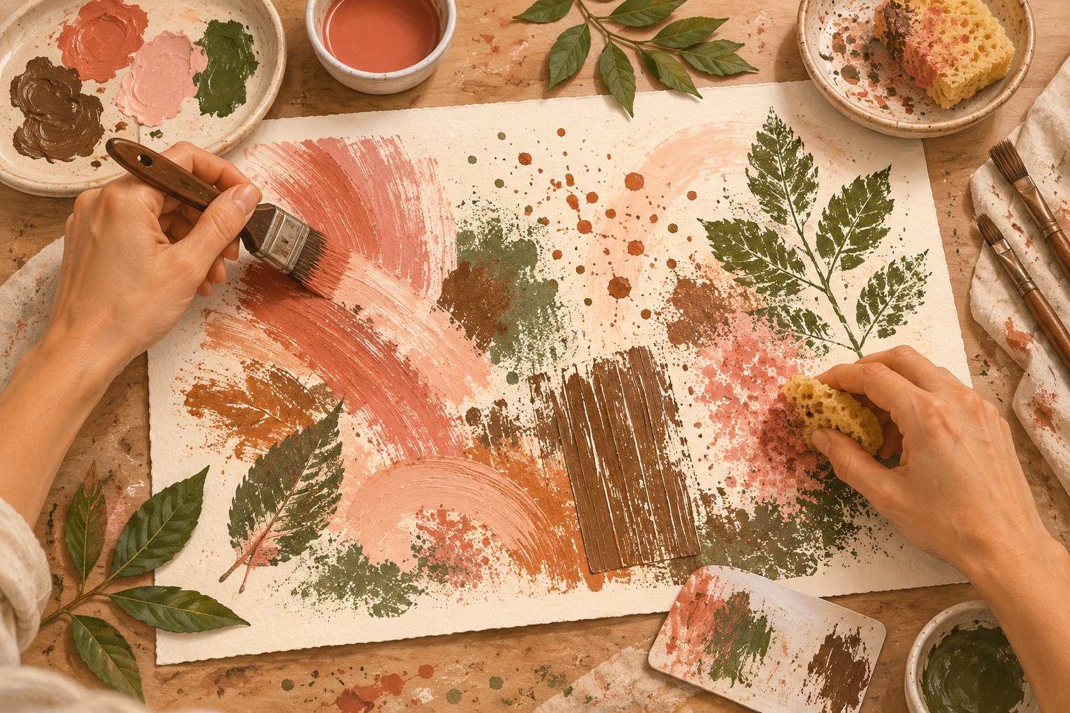 Mãos criando texturas com pincel seco, esponja, respingos, cartão e impressão de folhas.