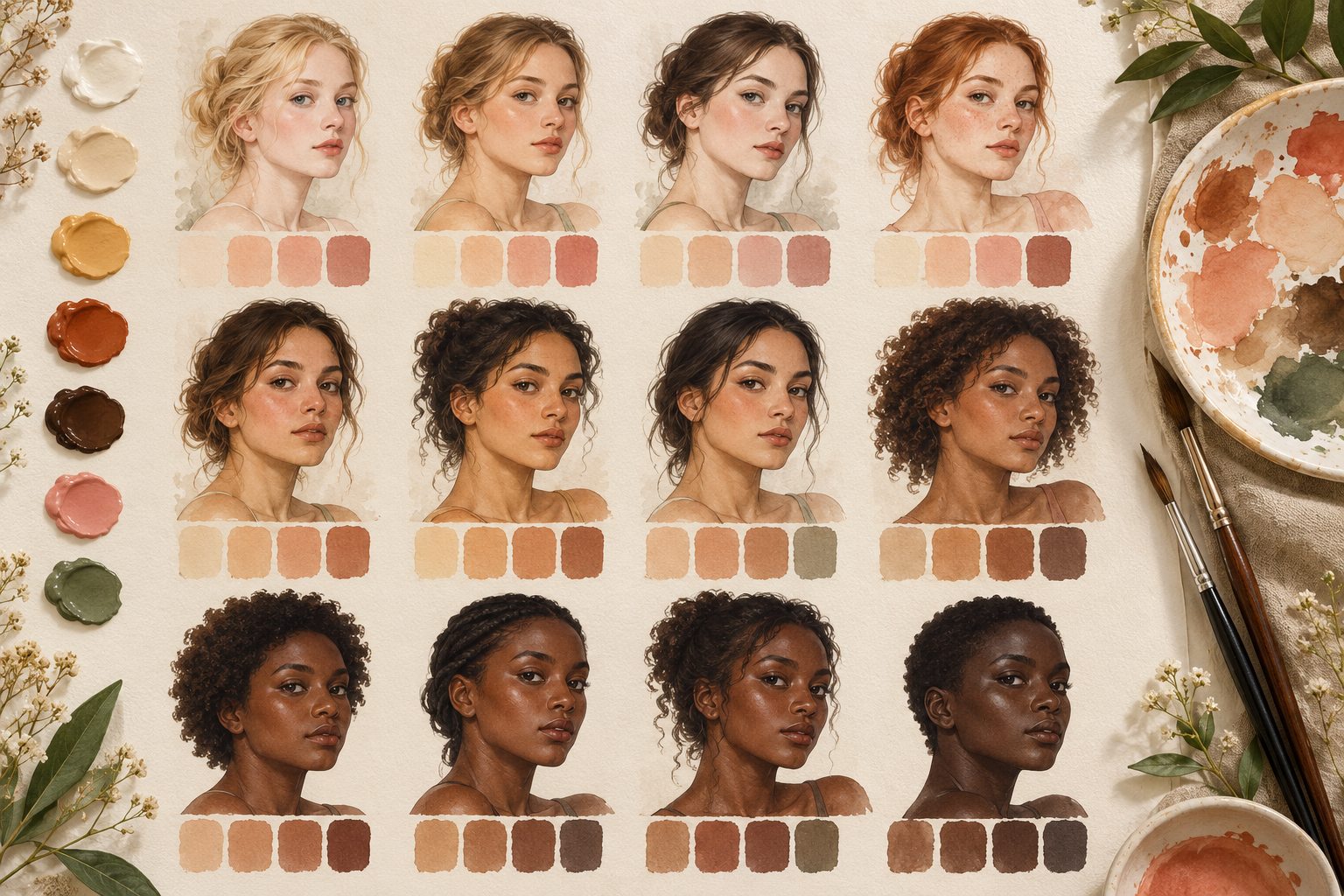 Estudos pintados de diferentes tons de pele acompanhados por amostras claras, médias e profundas.
