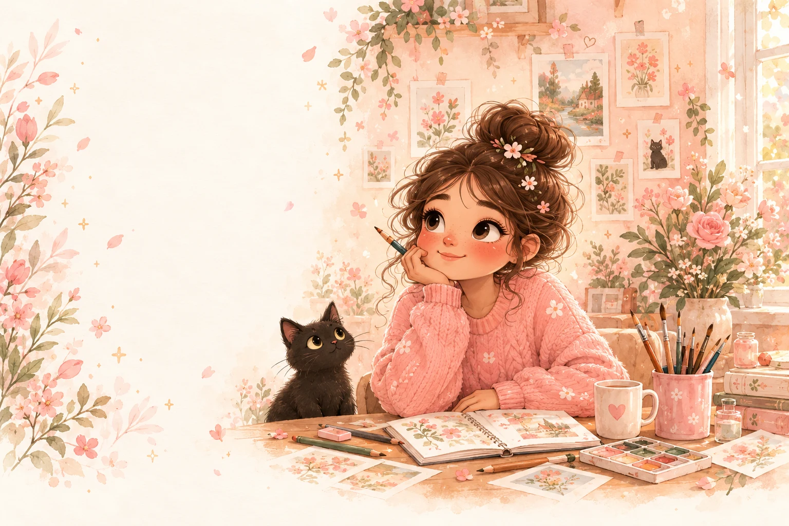 Artista desenhando em seu ateliê rosa
