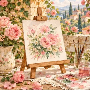 Pintura floral em aquarela sobre cavalete em um jardim