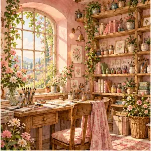 Ateliê de pintura iluminado com tintas, pincéis e flores