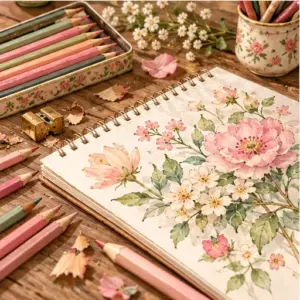 Caderno de desenho floral com lápis e materiais artísticos