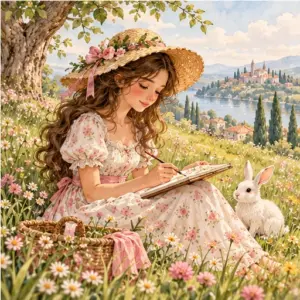 Artista desenhando em um jardim ao lado de um coelho